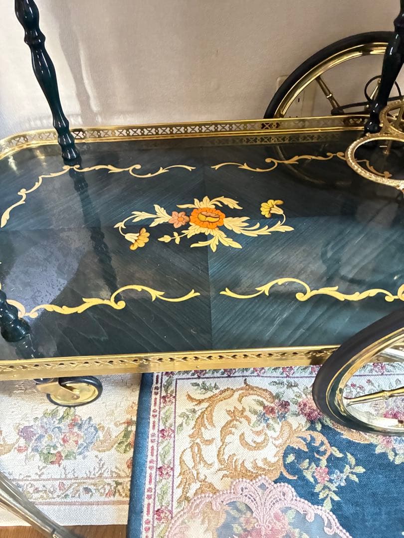 イタリア 象嵌 アンティーク風 サービングカート 黒金
