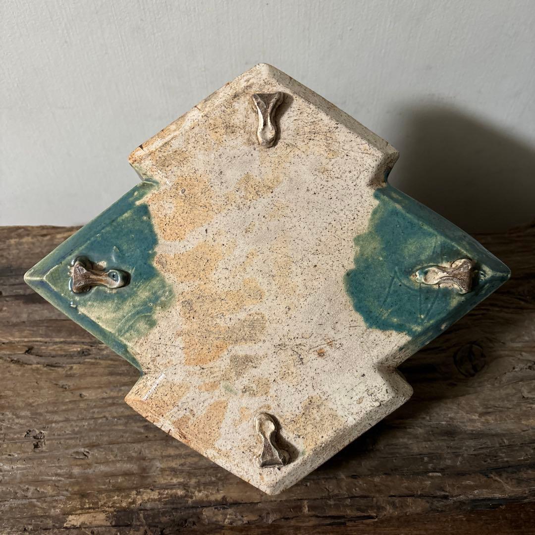 時代 織部松皮菱形手鉢 手付菓子鉢 懐石 瀬戸 志野 古美術 茶道具