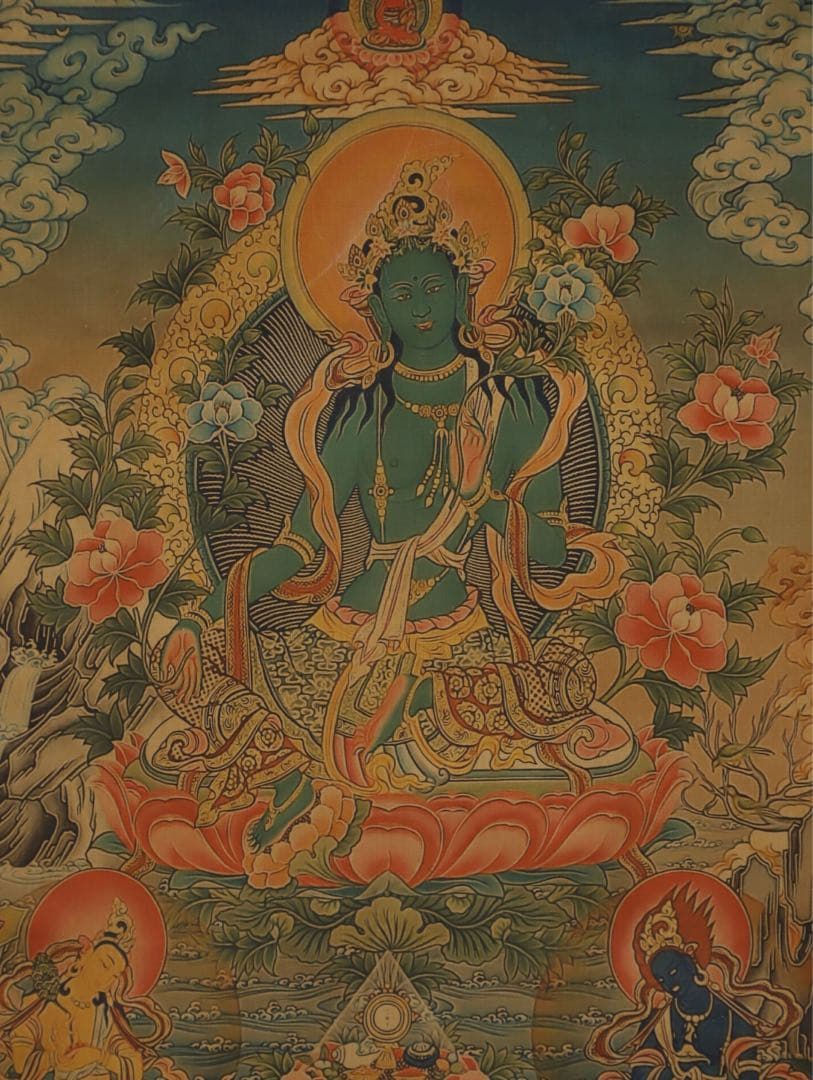 縁起物　タンカ グリーンタラ（緑度母） チベット仏教 時代物