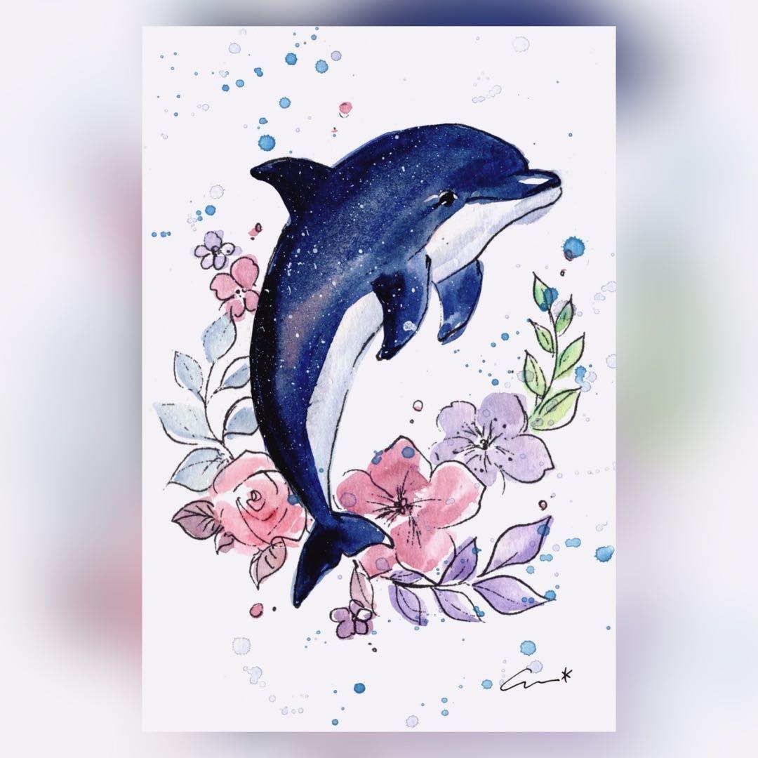 イラスト作品(線のみプリント＋手彩色) 【イルカ】493 - メルカリ