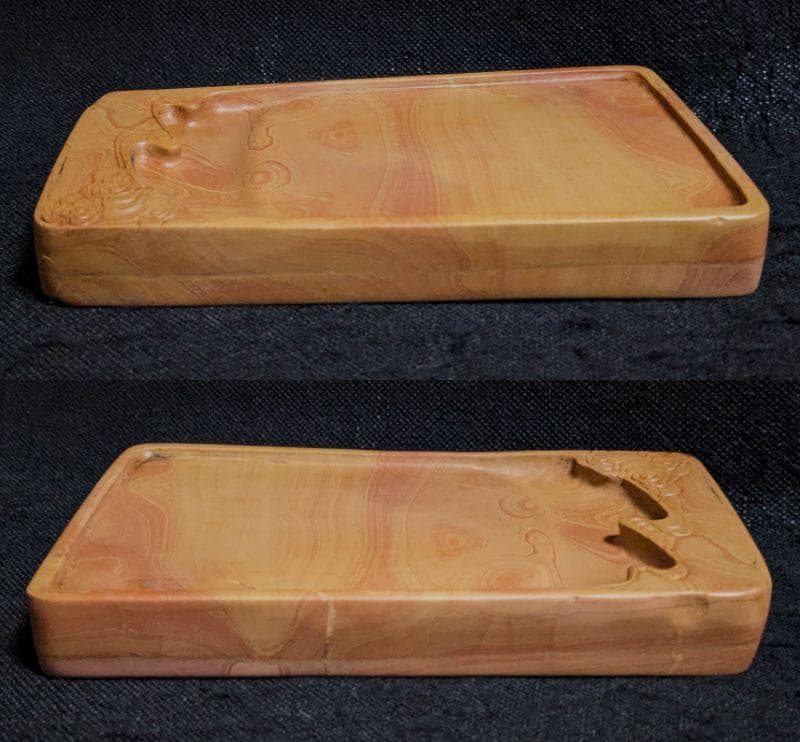 紅絲硯】◇瑞雲文◇多層糸紋と波紋の美石◇唐木塗箱◇約6.3吋◇魯硯