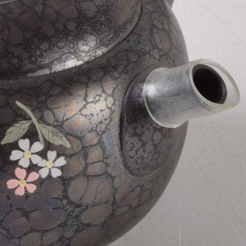 常滑焼 昭龍作 天目釉 福型小花文 急須 茶注 共箱