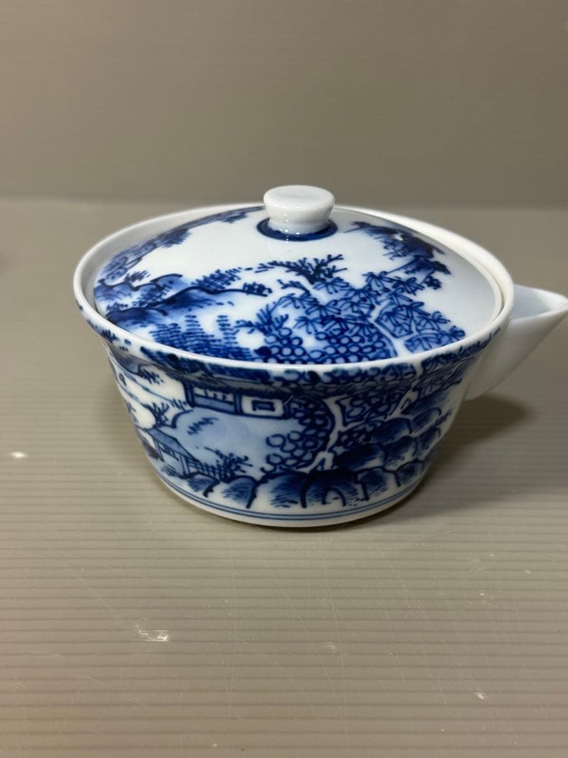 2334 平安草仙 染付青花 茶器セット 宝瓶1客 湯冷し1客 湯呑5客 鉢付き