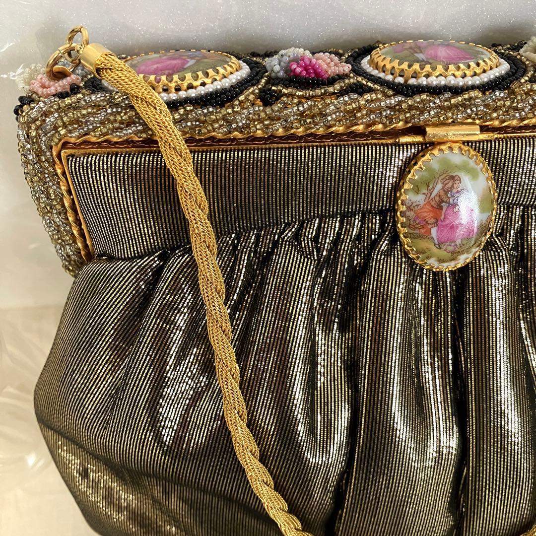 フランス　アンティークデザイン　パーティバッグ　シックゴールド＆陶器＆ビーズ