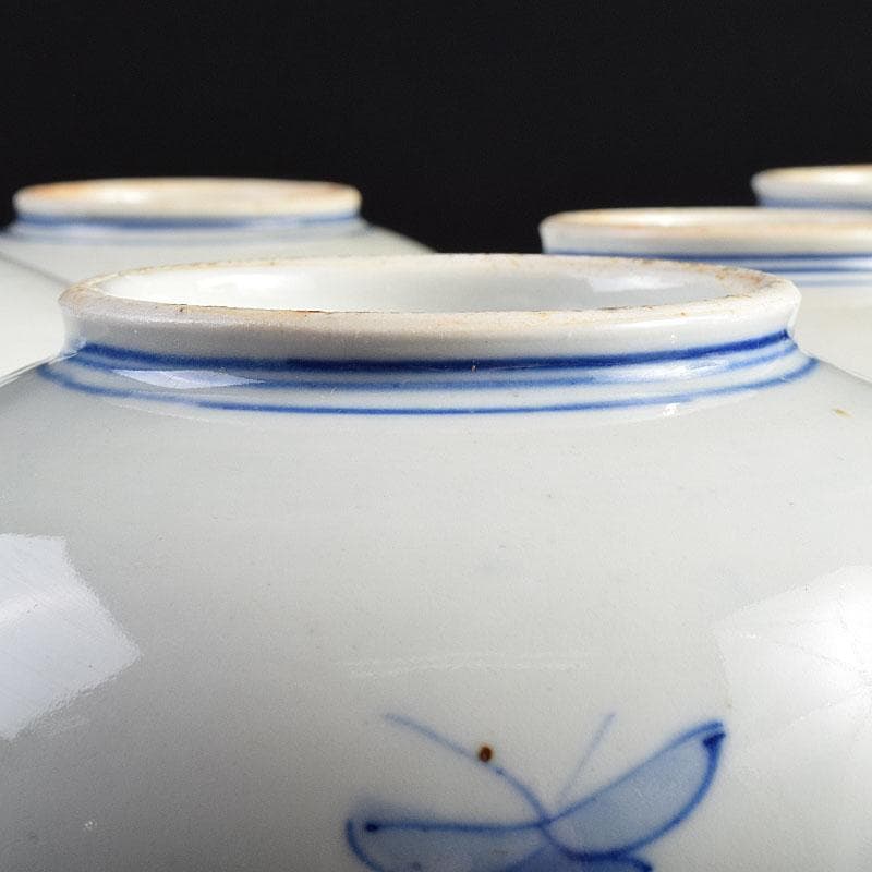 瀬戸焼 古瀬戸 染付 花蝶文 饂飩皿 六客 時代箱付