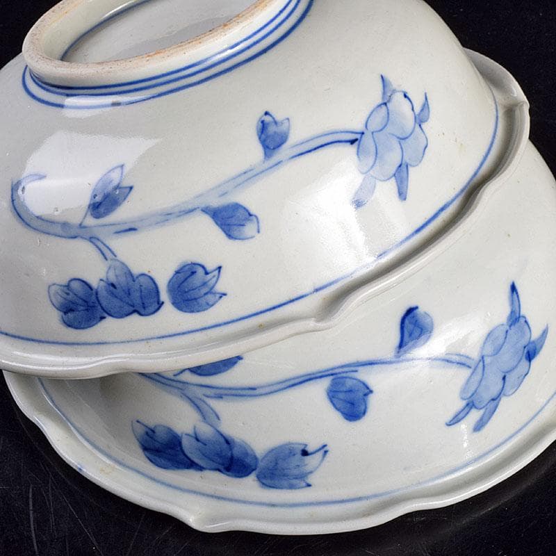 瀬戸焼 古瀬戸 染付 花蝶文 饂飩皿 六客 時代箱付