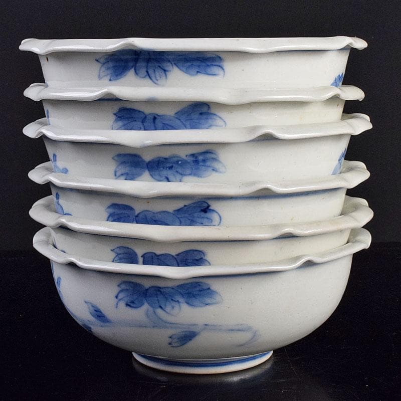 瀬戸焼 古瀬戸 染付 花蝶文 饂飩皿 六客 時代箱付