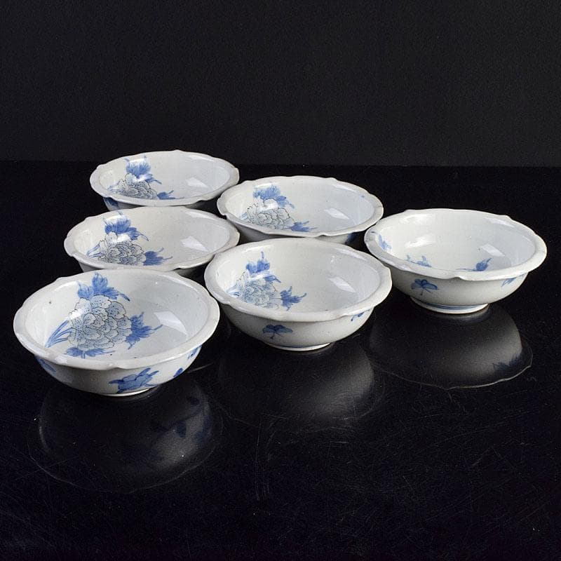 瀬戸焼 古瀬戸 染付 花蝶文 饂飩皿 六客 時代箱付