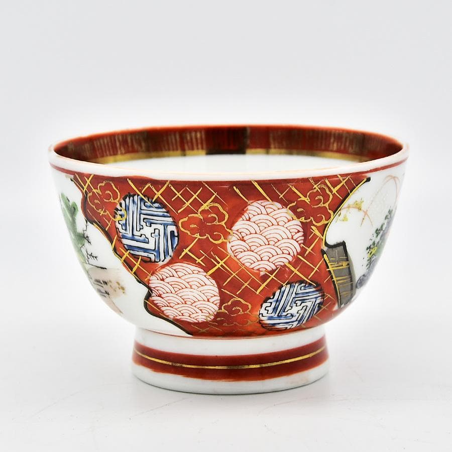 九谷焼 九谷庄三 赤手色絵金彩 賢人 花の図 茶碗 茶道具