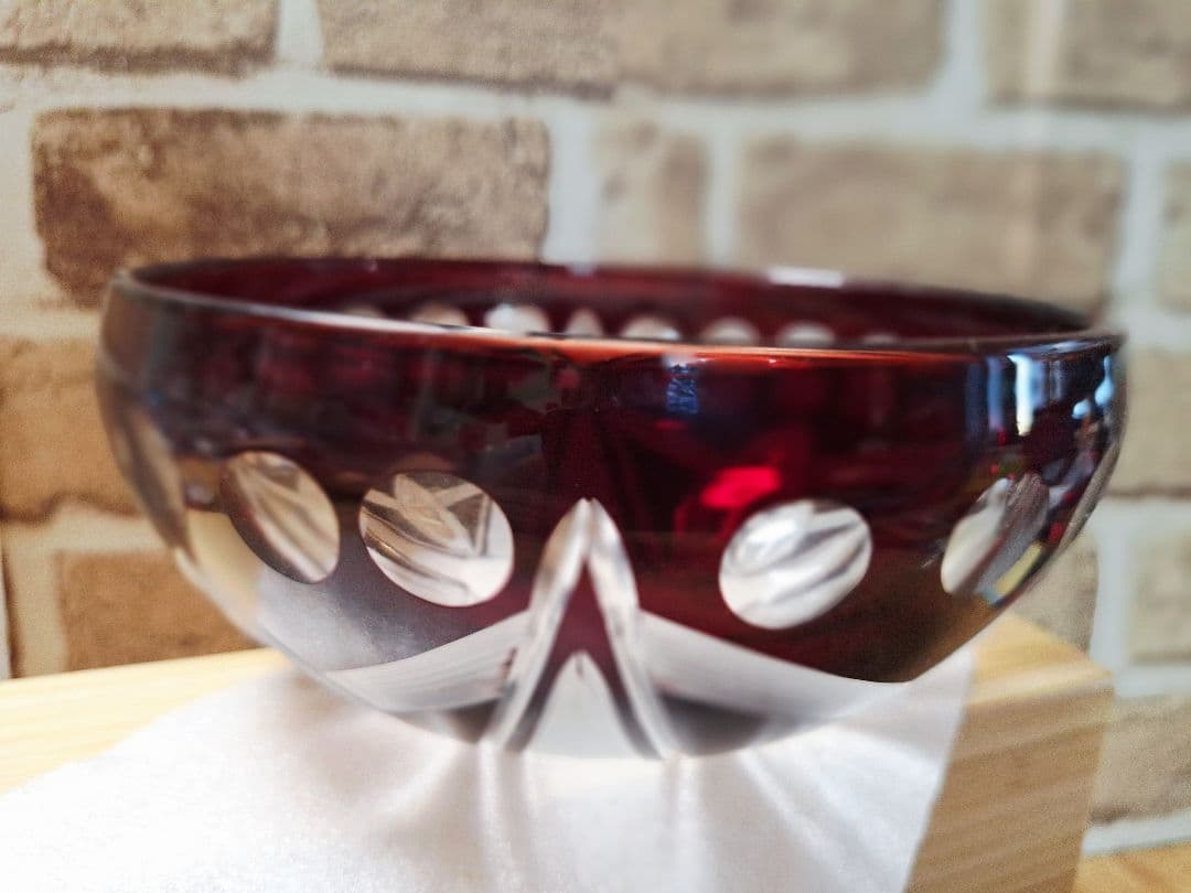 未使用！江戸切子 江戸被切子 深鉢 赤きりこ 18cm サラダボール 硝子鉢