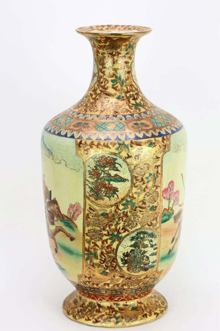 ⭕️人気！薩摩焼壺花瓶金彩獅子桜花鳥牡丹染付骨董品置物