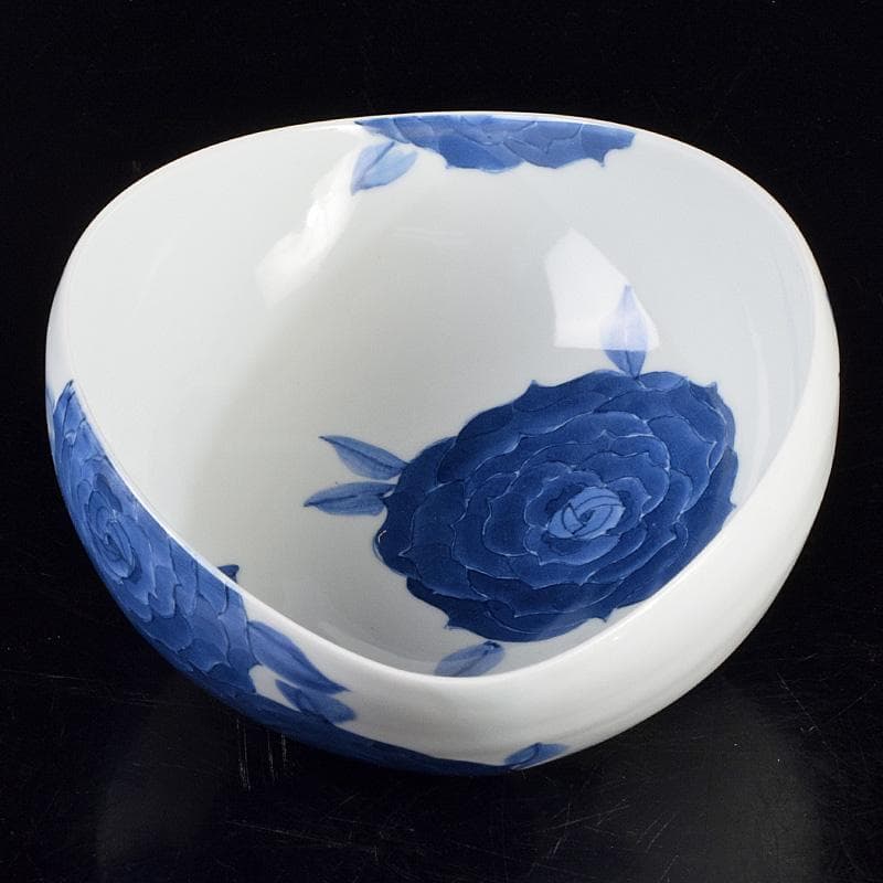 陶芸家 黒部駒子作 染付 椿文 楕円鉢 共箱 V R9347