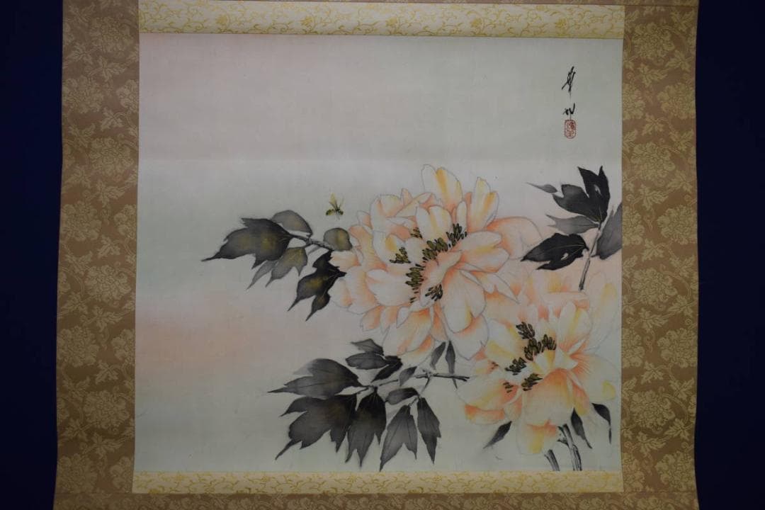 真作/華邨/玉堂富貴図/牡丹図/桐共箱付/布袋屋掛軸HG-450