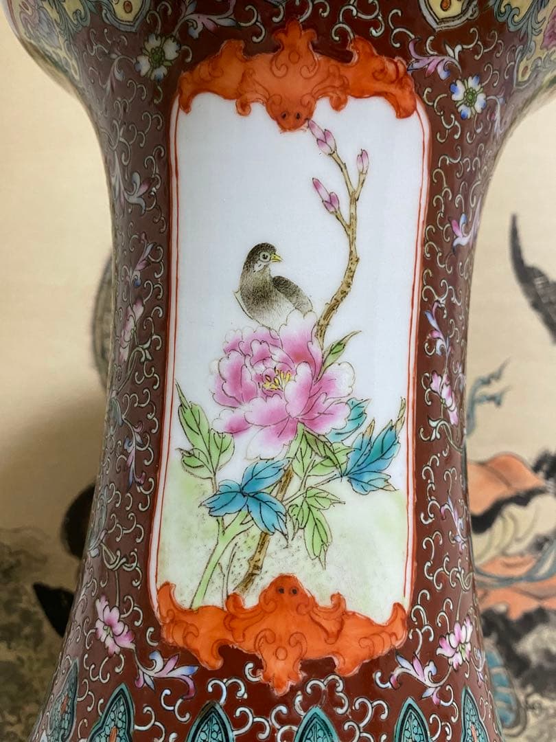 清朝 唐物 大清乾隆年製 彩色花鳥図花瓶 花器 骨董品 壺 古美術品
