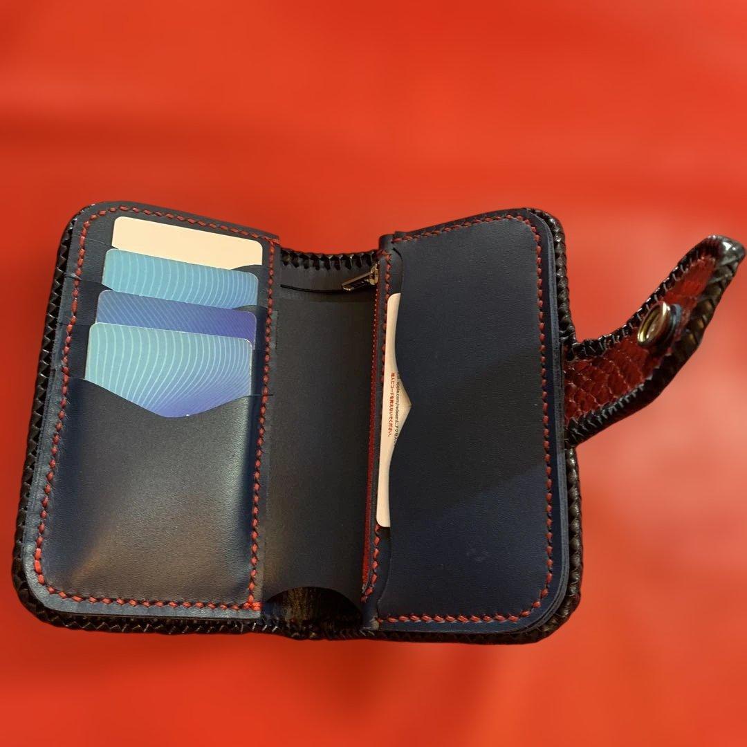 ハンドメイドレザークラフトレッドパイソンミドルウォレット牛革紺色牛レース編み紺色