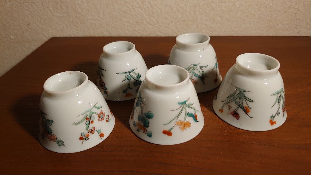 李朝 白磁 色絵 華の図 アンティーク李朝 煎茶碗 5客