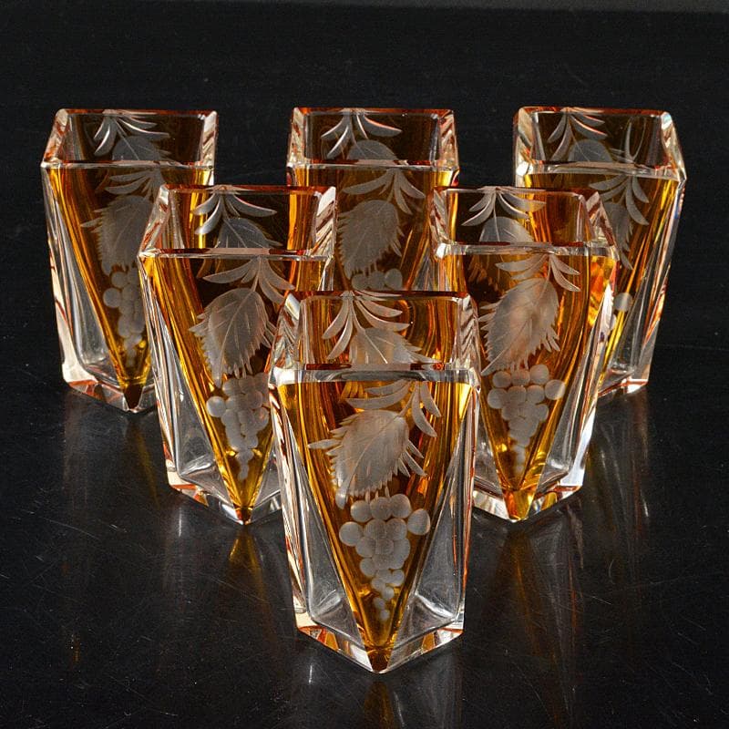 ボヘミアガラス グラビュール 葡萄図 ショットグラス 6客 D R6362