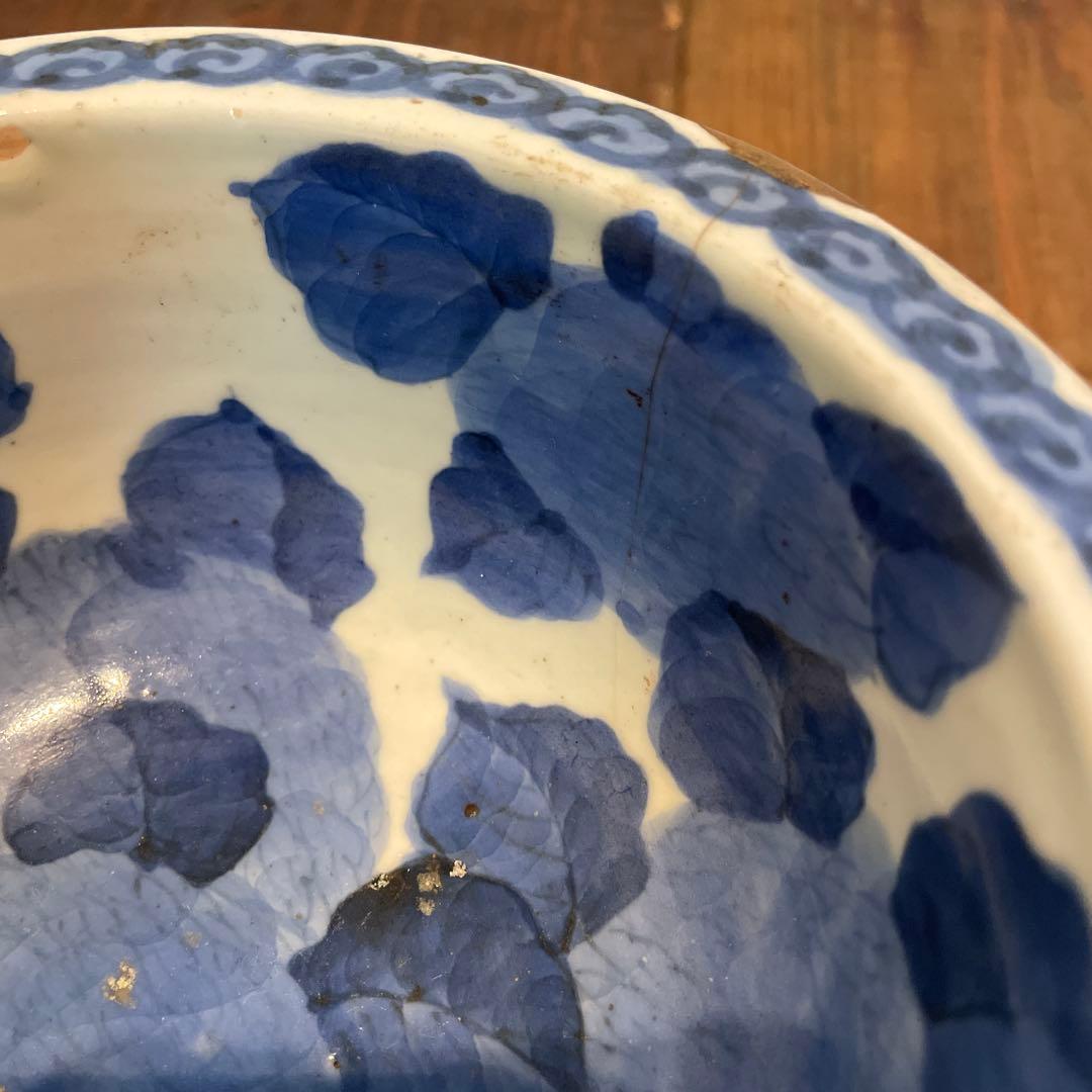 美品 古伊万里 染付の器 江戸時代 肥前 磁器 高杯 金継ぎ 染付の絵柄が