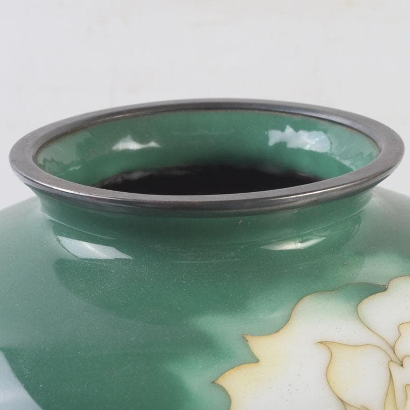 七宝焼 安藤七宝店 純銀刻印 緑釉 花文 花瓶 V 9659