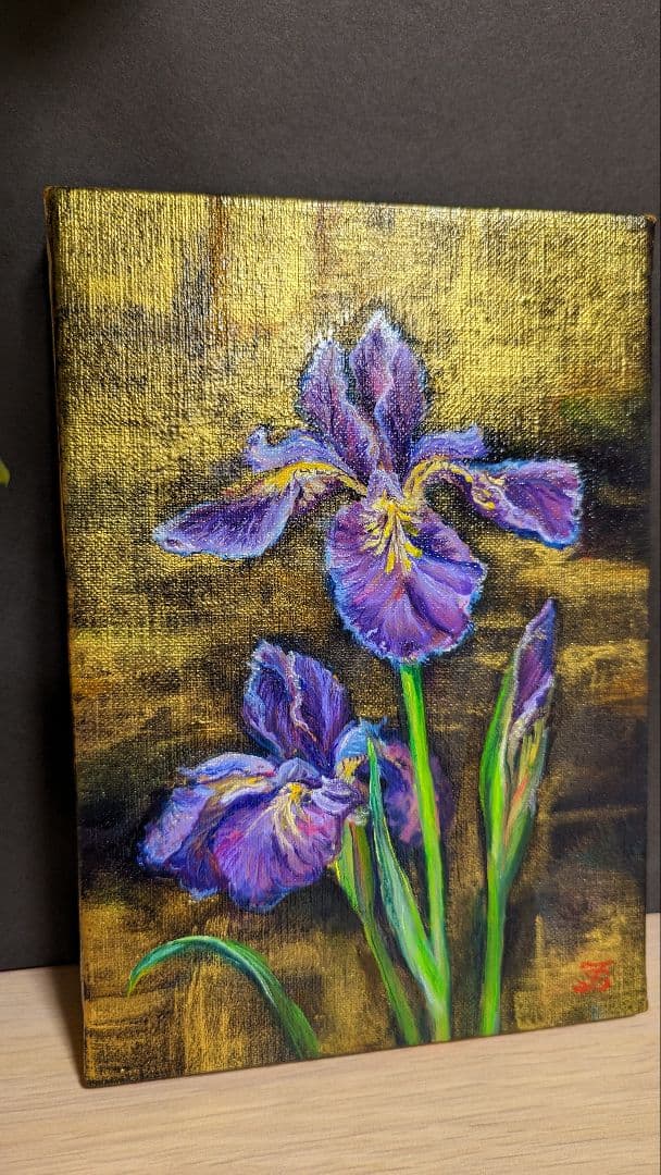 油絵絵画「あやめ」油絵　サムホールキャンバス　画家出品　花絵画【額なし】風景画
