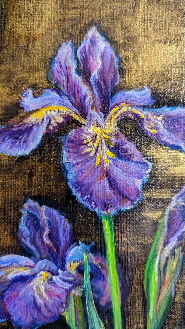 油絵絵画「あやめ」油絵　サムホールキャンバス　画家出品　花絵画【額なし】風景画