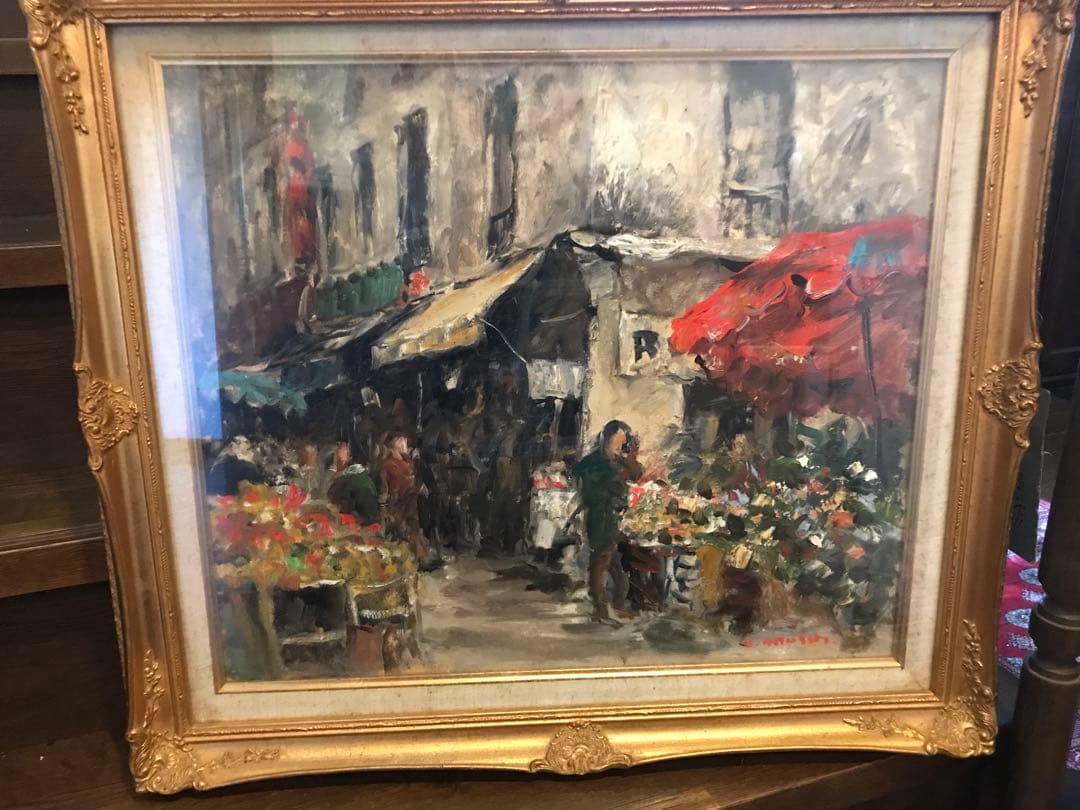パリの下町　洋画家　網干啓四郎10号　『市場　ムフタール通』
