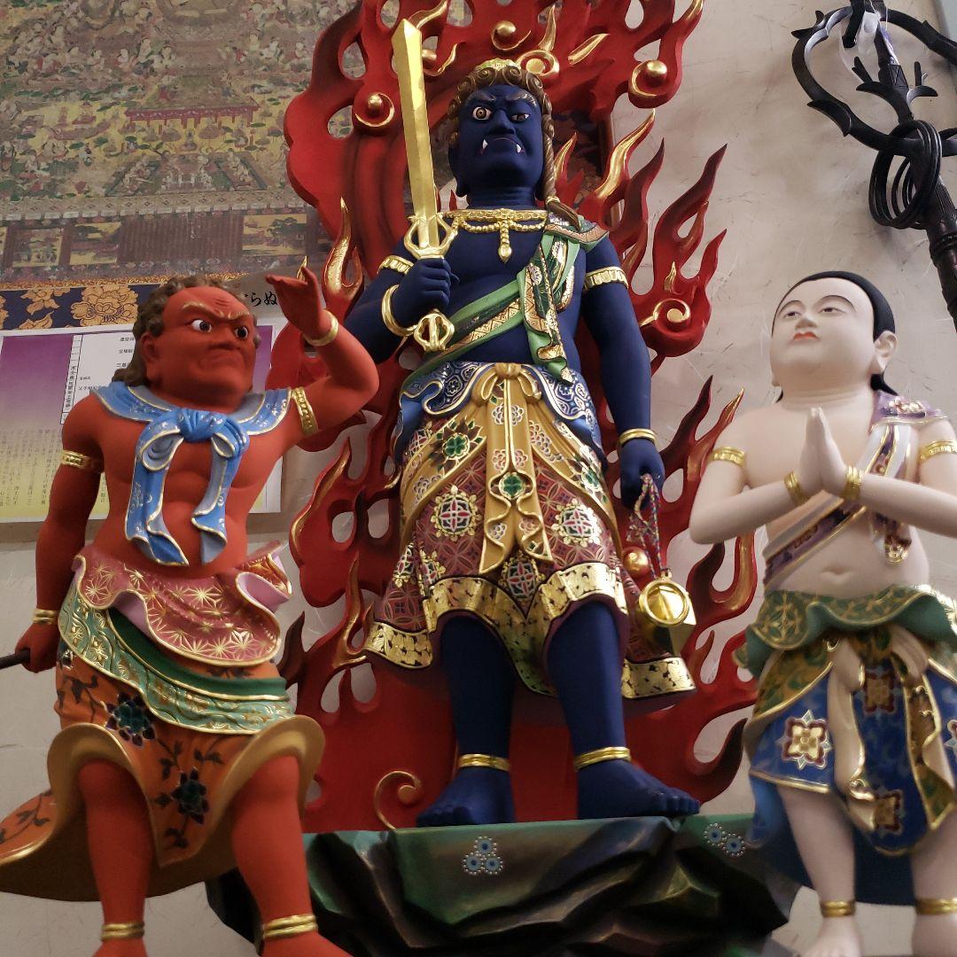 Bフライデー送料無料☆極彩色 不動明王三尊像2尺☆矜羯羅童子・制多迦
