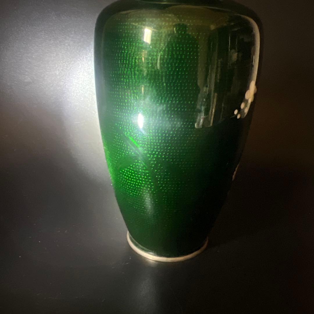 安藤七宝焼 梅菊竹 珍しい深緑系 花入れ 花瓶 華道 刻印有 極上工芸 金属