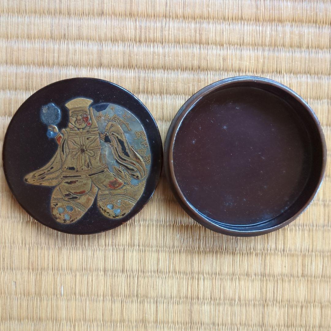金箔装飾 漆器 香合 形 大黒様 金蒔絵 打出の小槌 俵 骨董品 古美術