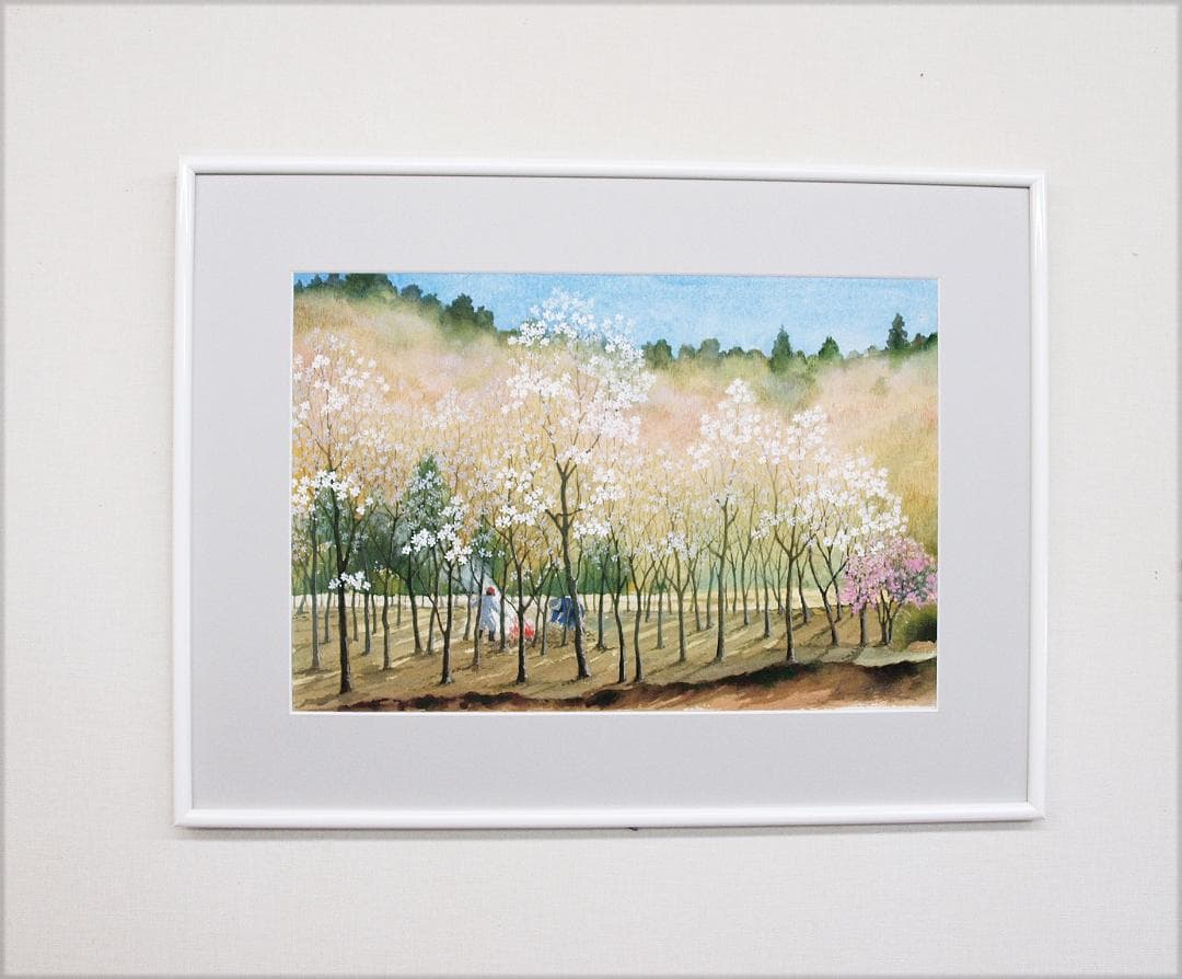 絵画「早春～ こぶしの咲くころ」　水彩画