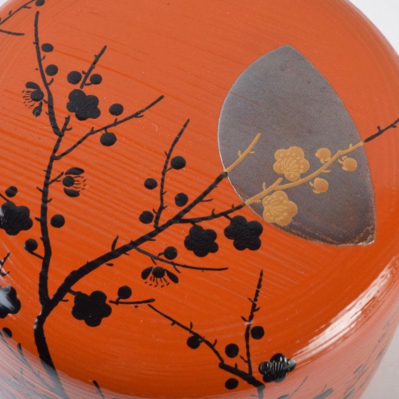 茶道具 山中塗 道場宗廣作 朱刷毛目 梅月蒔絵 大棗 共箱