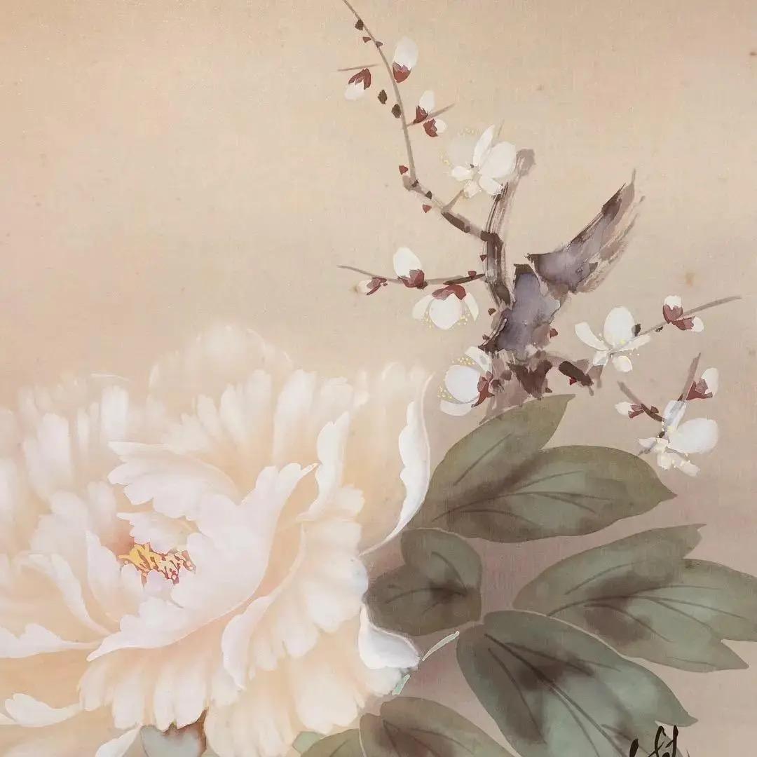 1199 精志 「四季花」 共箱 肉筆 絹本 日本画 掛軸