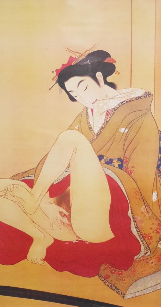 工芸画】伝・葛飾北斎筆【春草図】春画◇複製画 美人画 掛軸