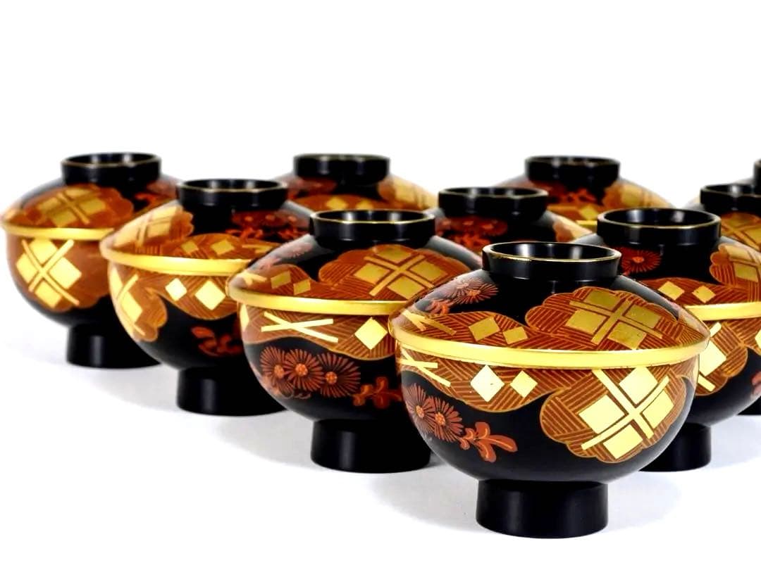 南部漆器 老舗光原社 秀衡塗 木製 金箔色漆　菱に梅文様　蓋碗十客　茶道具