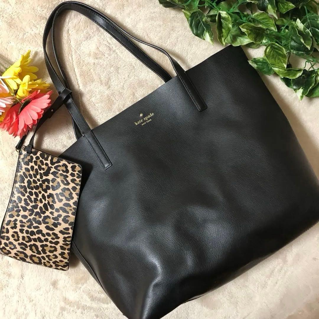 極美品　ケイトスペード　トートバッグ　リバーシブル　ポーチ付き　レオパード柄　黒