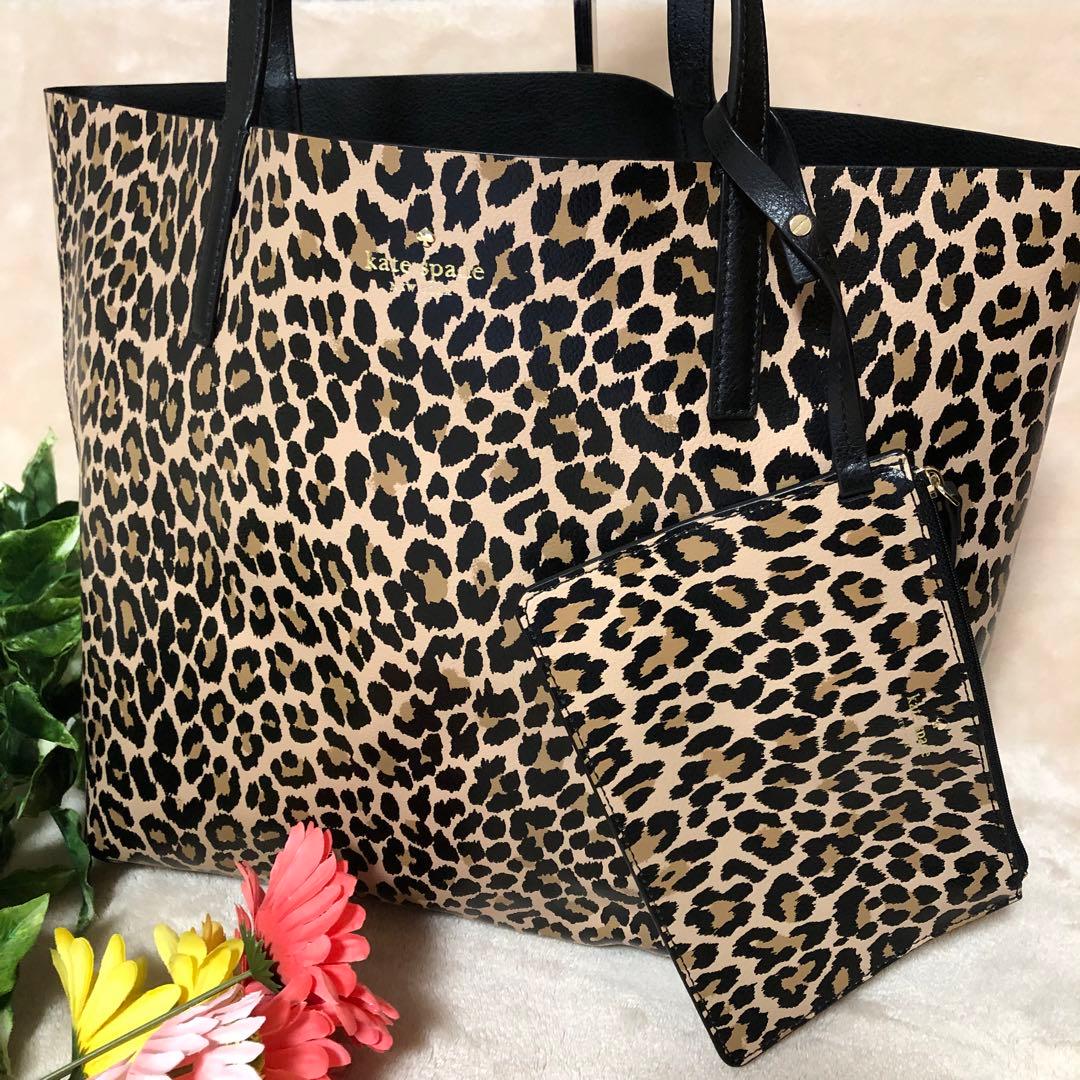 極美品　ケイトスペード　トートバッグ　リバーシブル　ポーチ付き　レオパード柄　黒