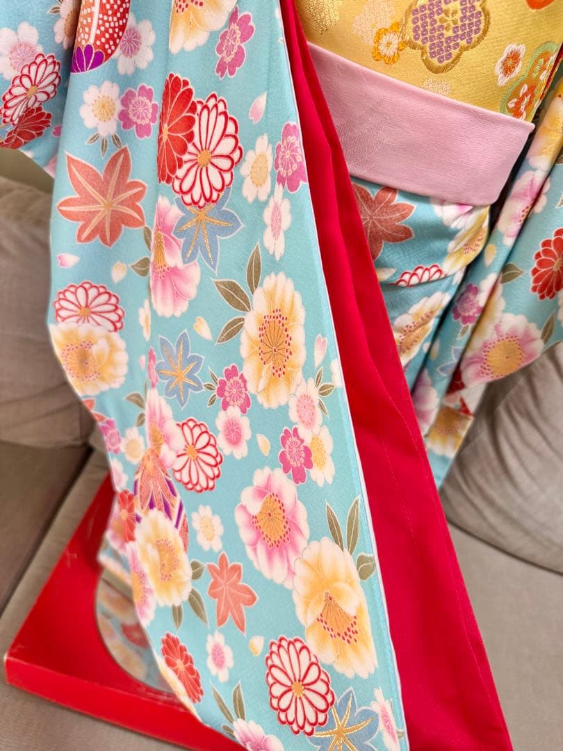 七五三着物帯セット　7歳　紺　水色黄色帯