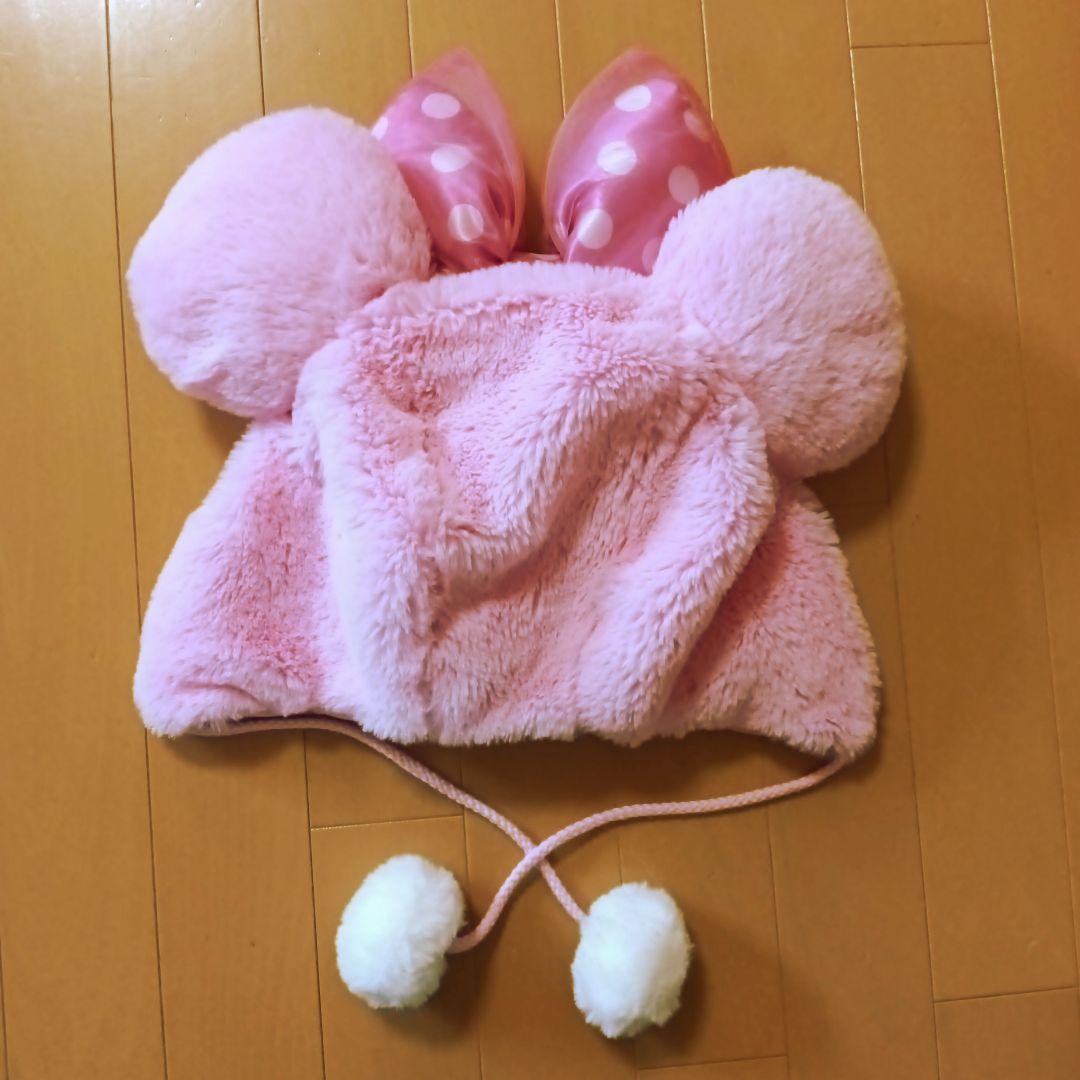 ミニー耳付きフード 58cm ピンク ミニーマウス 耳付きフリース帽子 58cm