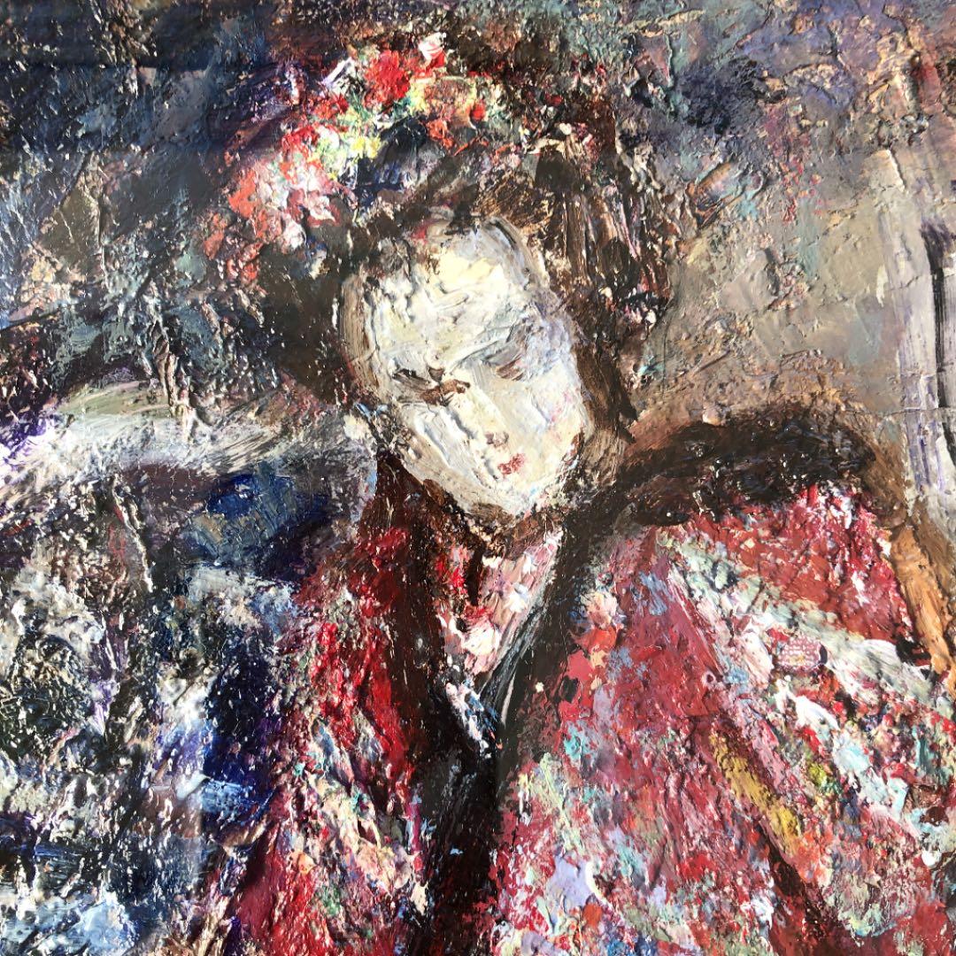 額装　油彩　大歳敏秋　「淡路人形　楽屋のお染」