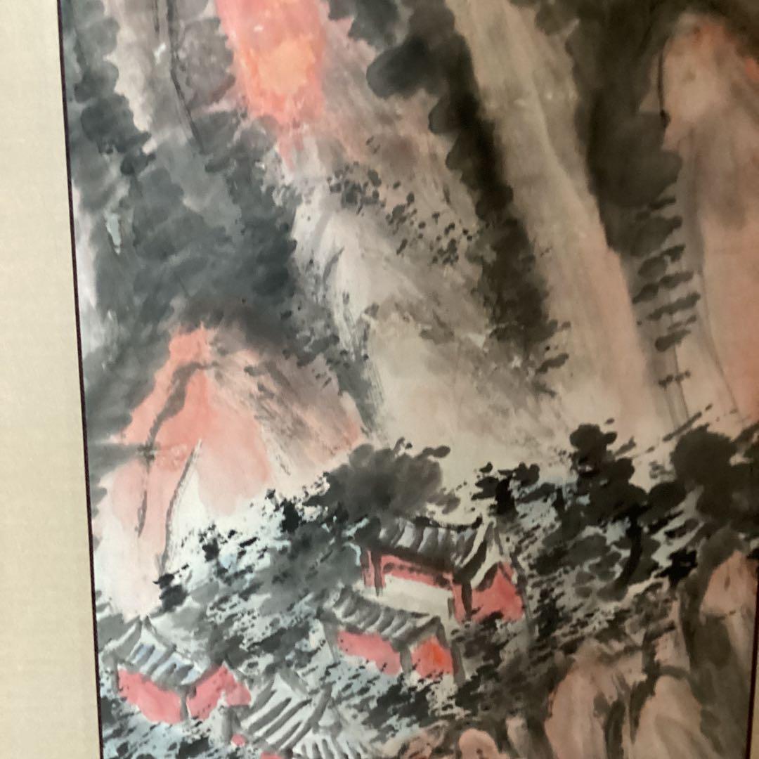 橋本関雪 紙本着色画賛 【楼閣山水図】肉筆 【関雪 自題箱 軸先