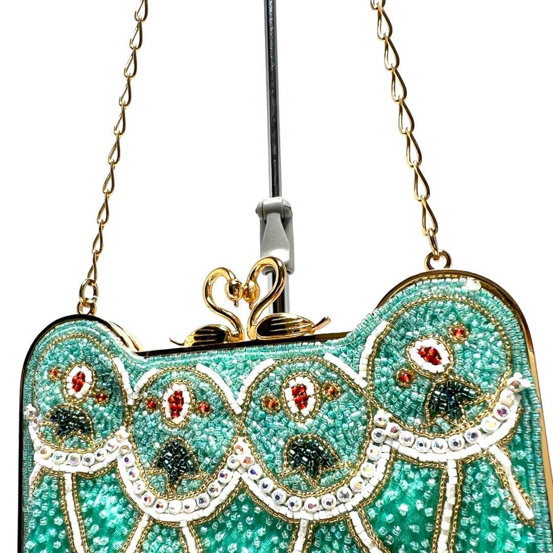 【美品】ビーズ装飾・フリンジ/がま口/ラインストーン/ ビーズバッグ