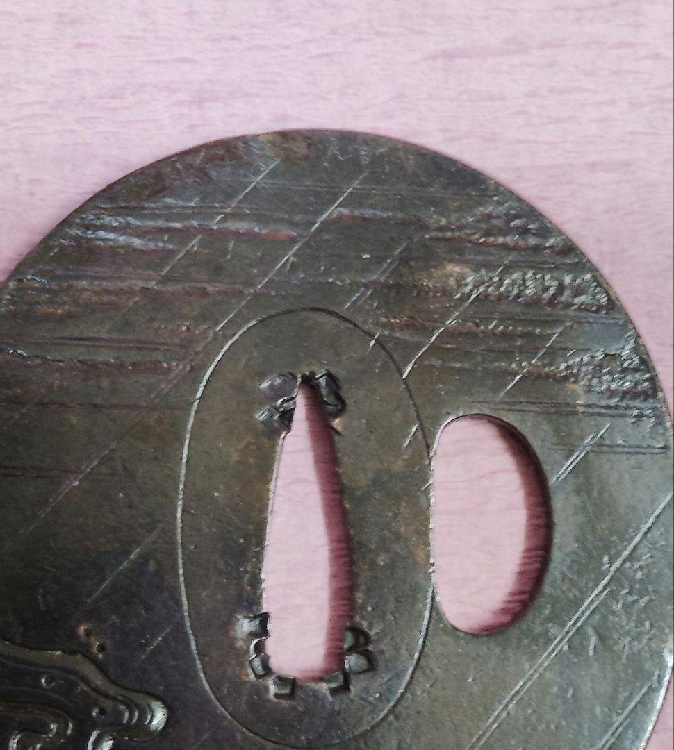 刀装具 鐔 鍔 無銘 銅地 象嵌 風景図 丸形鐔 時代物