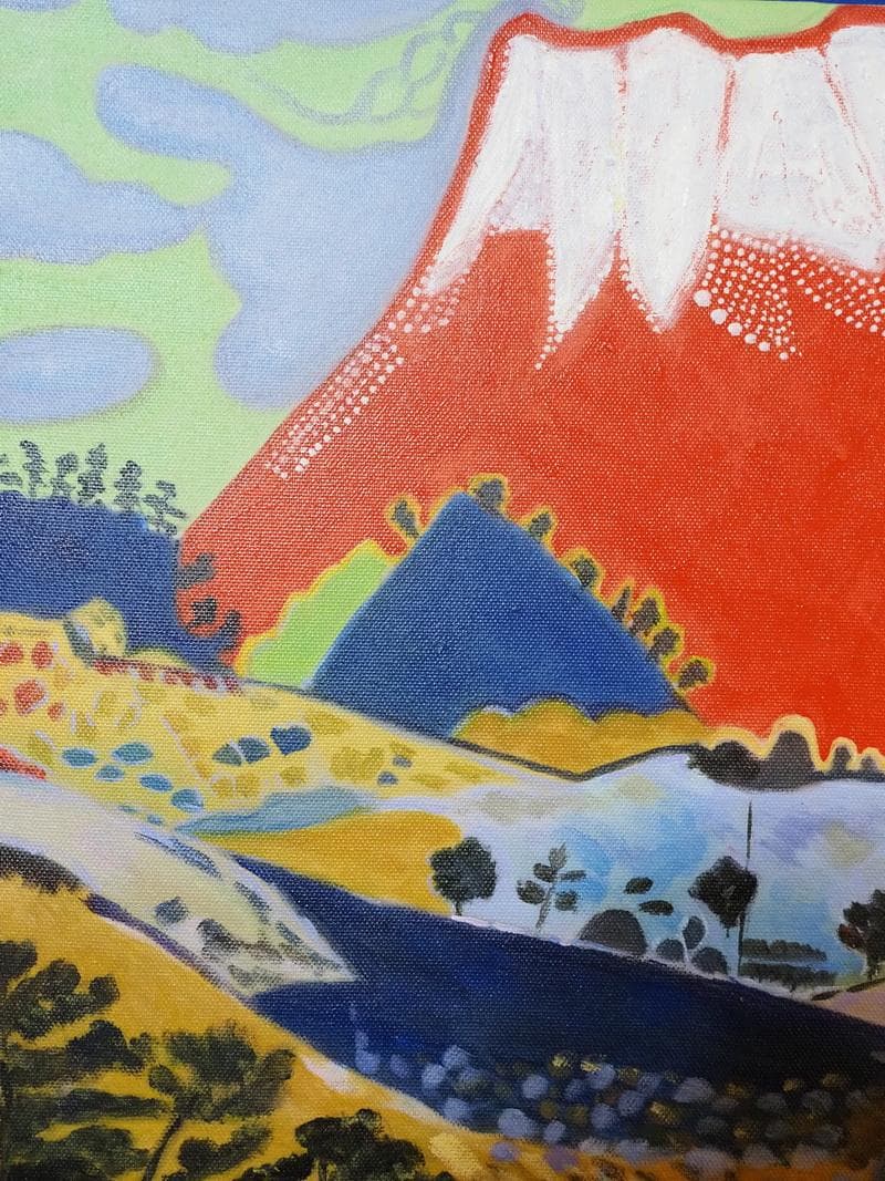 絵画 風景　片岡球子 「梅赤富士」 サインF6サイズ額装済み 肉筆手描き