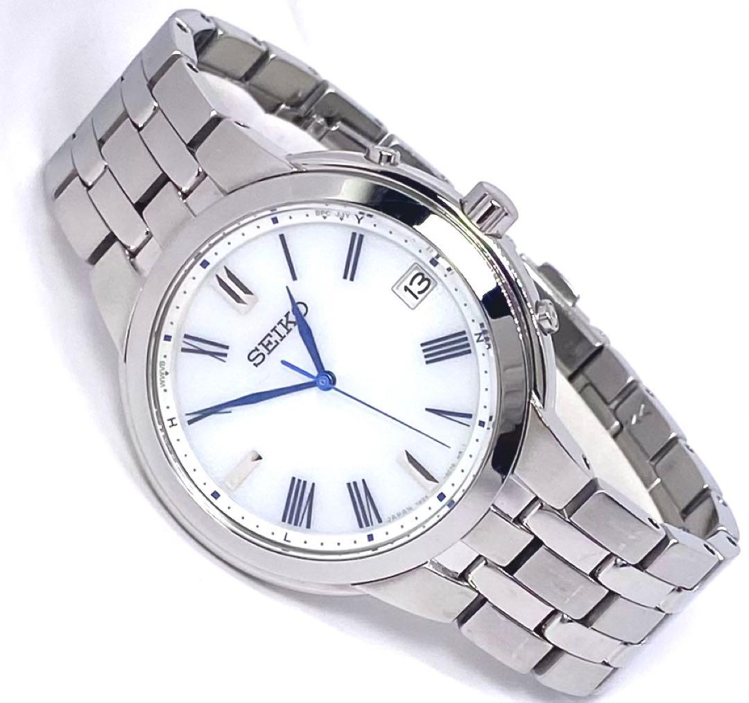 SEIKO☆セイコー☆電波ソーラー☆腕時計☆ホワイト文字盤×ブルー針☆日本製