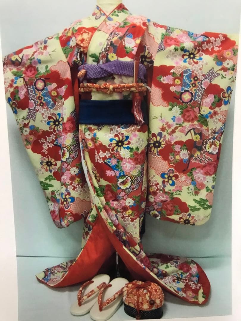 七五三　舞妓　女の子着物　アンティーク調　ちりめん　絞り柄　桜　だらり帯