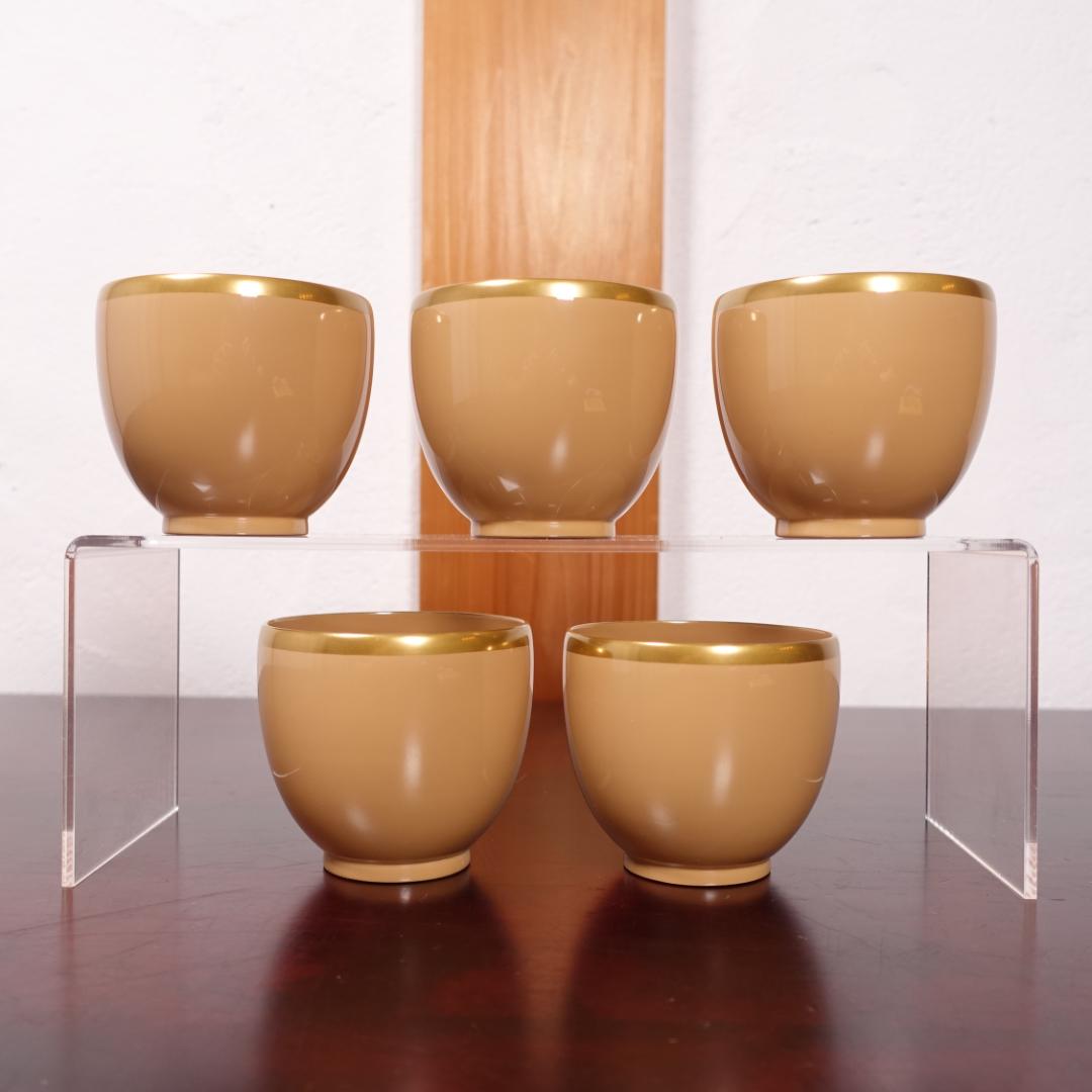 輪島塗 銘苑 千茶荘謹製 白漆 金縁 湯呑 ぐい吞 5客 共箱