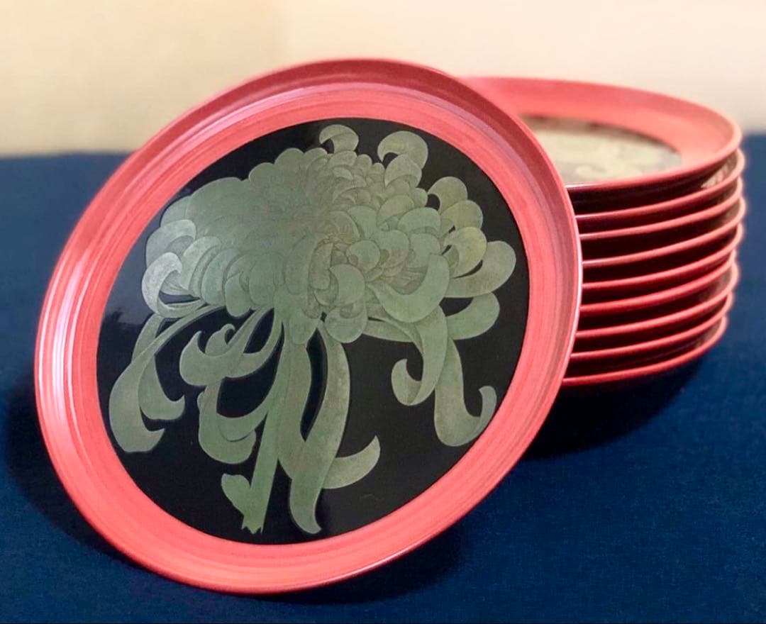 祖」菊花 蒔絵 菓子皿10客 横越 自入 共箱 (122A②)