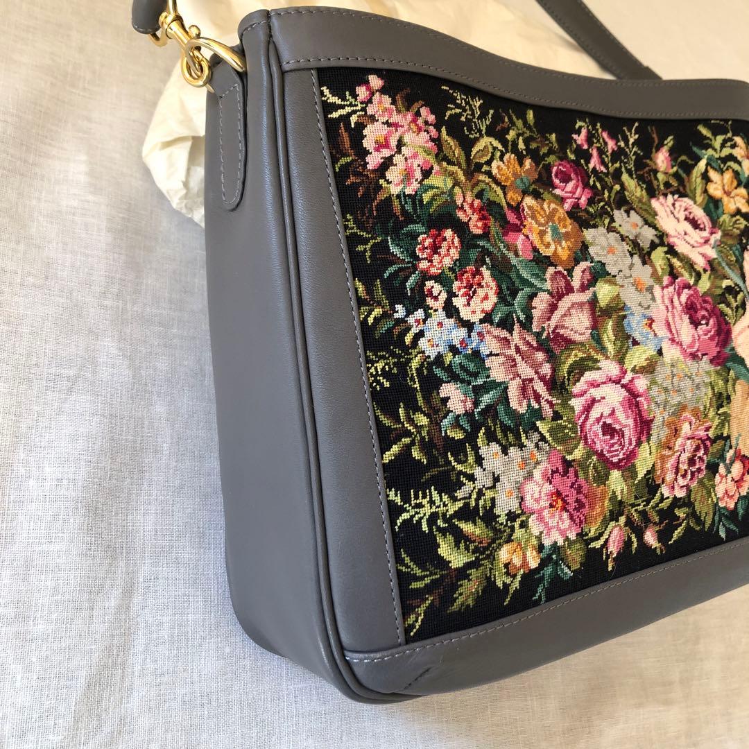 プチポワン　花柄刺繍 ハンドバッグ グレー　ショルダーバッグにも　久家道子