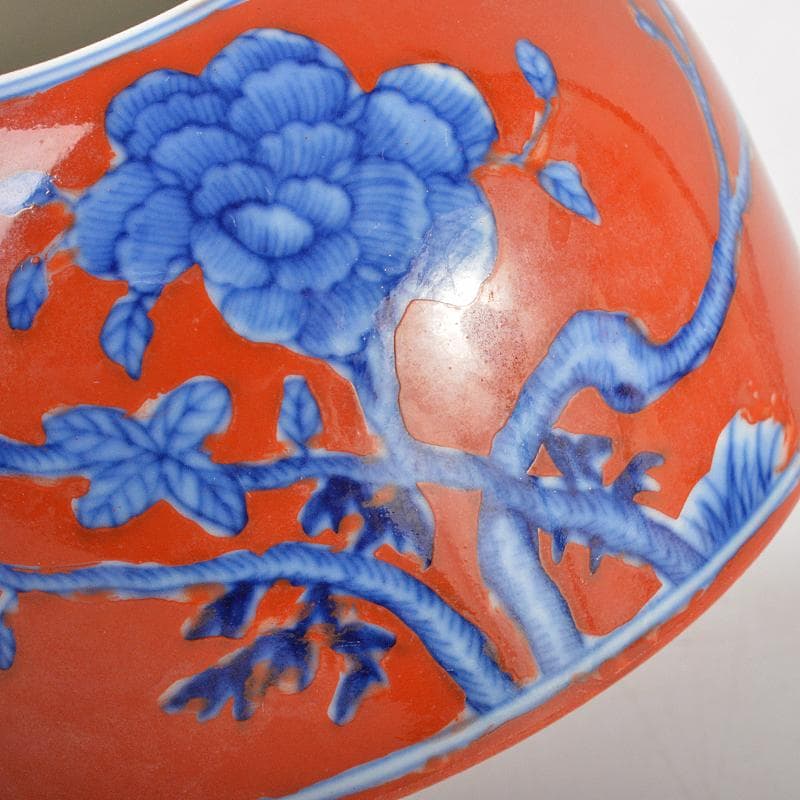 中国　大清雍正年製　紅地青花花文　水孟　筆洗　V　R6233E