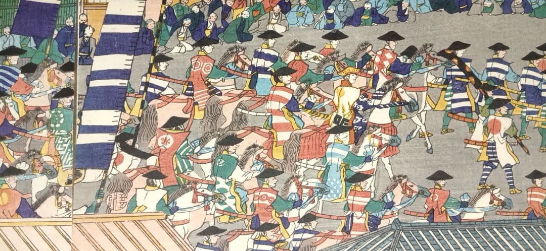 浮世絵版画、頼朝公行列圖三枚綴り、歌川貞秀画、慶応元年5